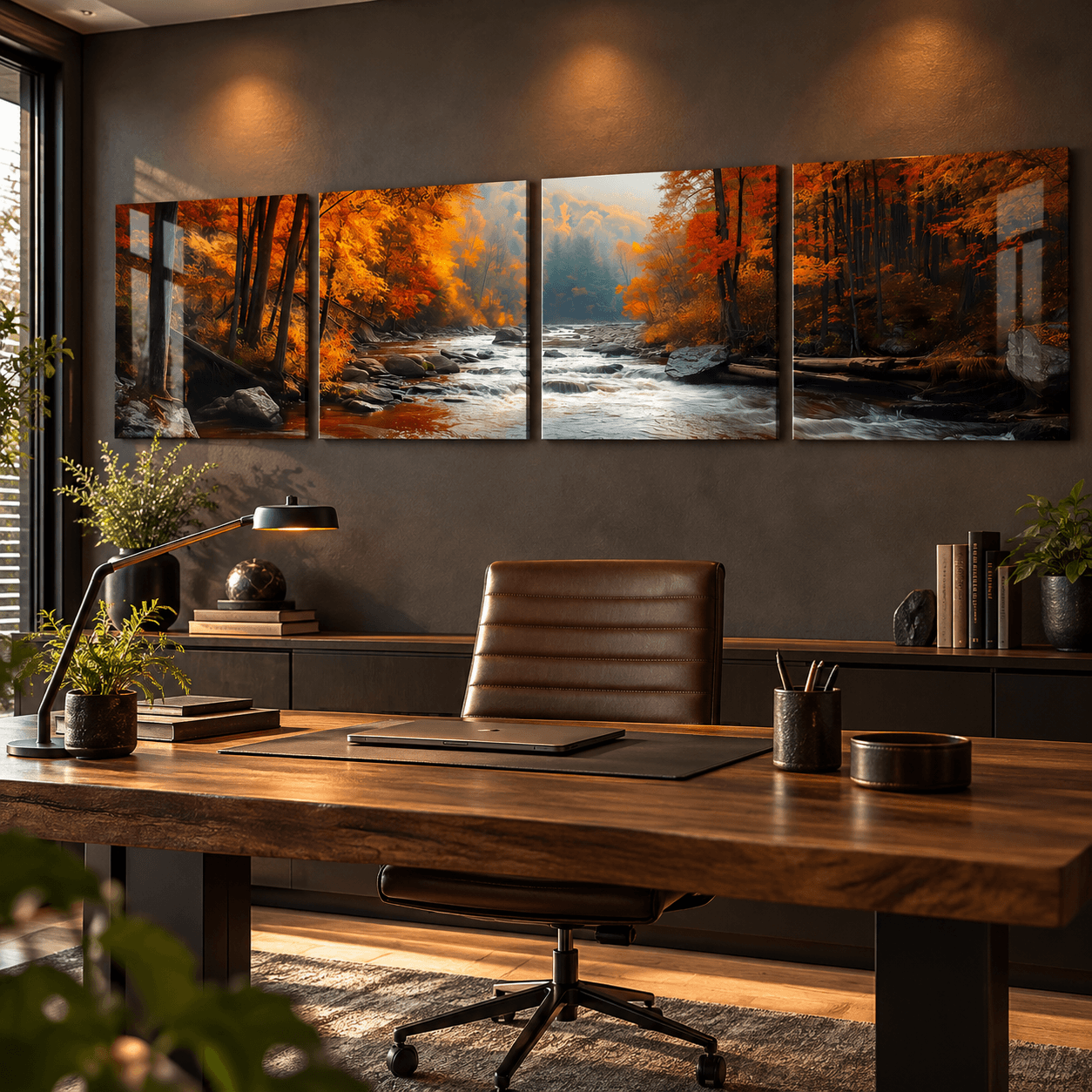 Autumn river forest 4-panel glass wall art above a dark wood office desk with leather chair